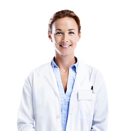 Young femle doctor in white gown smiling in the camera.