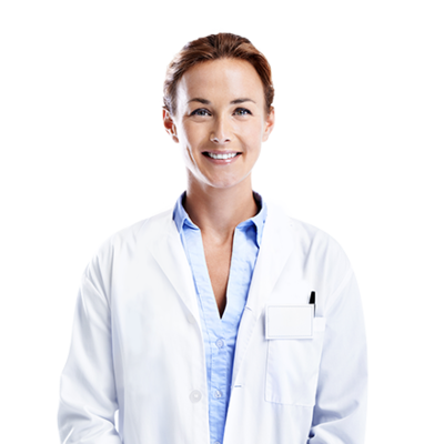 Young femle doctor in white gown smiling in the camera.